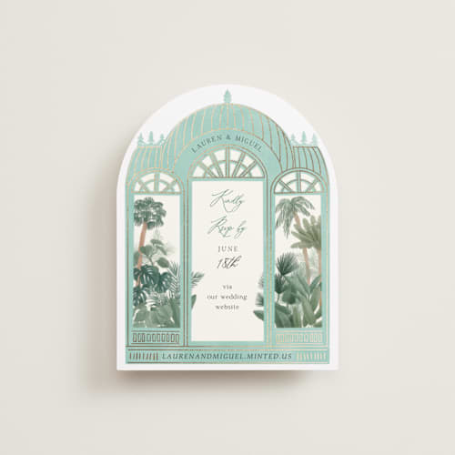 This is a seagreen rsvp cards with foil pressed by Elly called the greenhouse printing on signature in standard