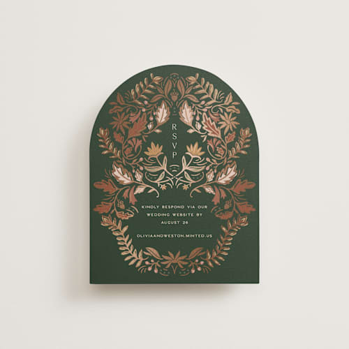 This is a leaf rsvp cards with foil pressed by Erin German called autumnal arch printing on signature in standard