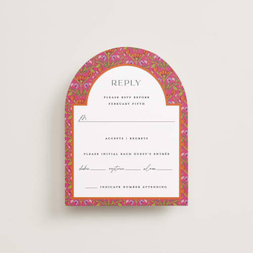 This is a fuchsia rsvp cards with standard by Pati Cascino called varna printing on signature in standard
