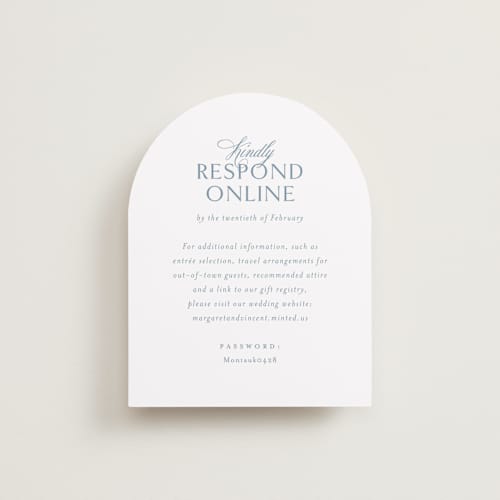 This is a dusty blue rsvp cards with standard by Jennifer Postorino called coastal charm printing on signature in standard