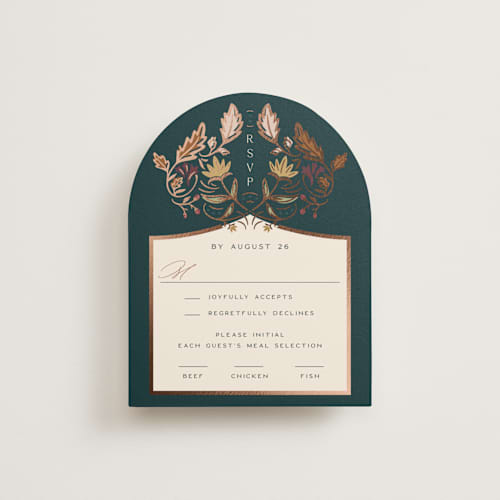 This is a deep sea rsvp cards with foil pressed by Erin German called autumnal arch printing on signature in standard