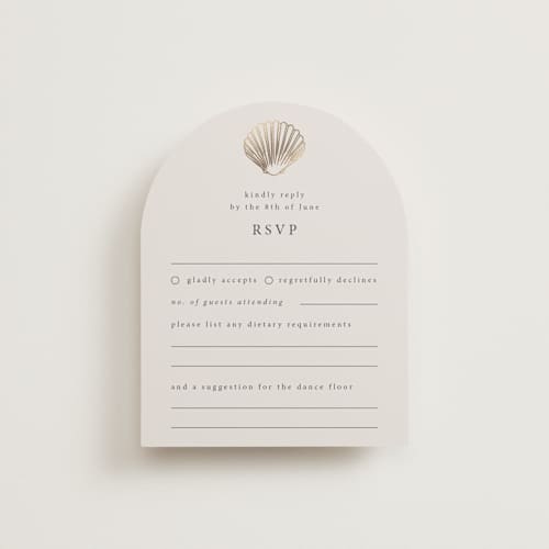 This is a sand rsvp cards with foil pressed by Hannah Bowman called simple seashell printing on signature in standard