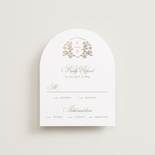 This is a ivory rsvp cards with foil pressed by Mansi Verma called gold crest printing on signature in standard