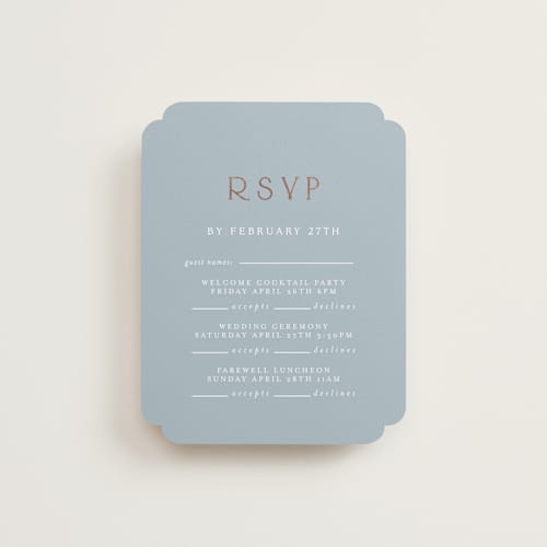 This is a provincial rsvp cards with foil pressed by Angela Thompson called gilded edge printing on signature in standard