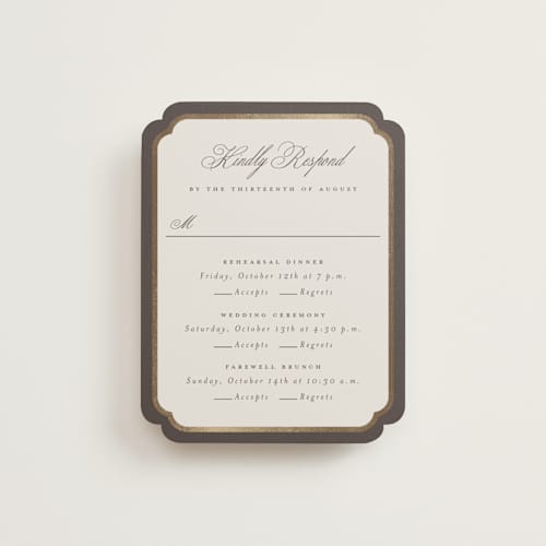 This is a cognac rsvp cards with foil pressed by Emily Betts called arch frame printing on signature in standard