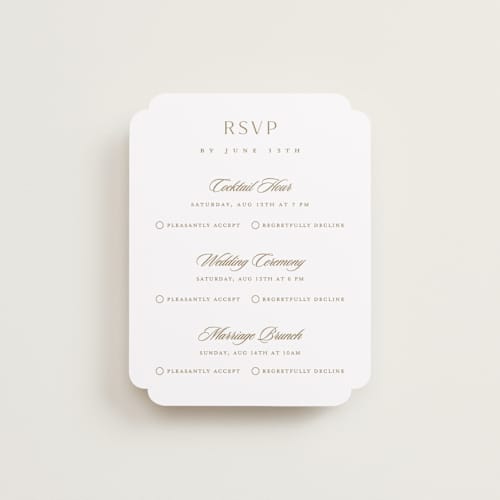 This is a golden rsvp cards with standard by Stacey Meacham called classic decorum printing on signature in standard