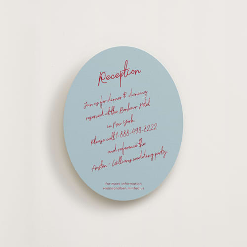 This is a blue velvet reception cards with standard by Helena Vitto called handwritten letter printing on signature in standard