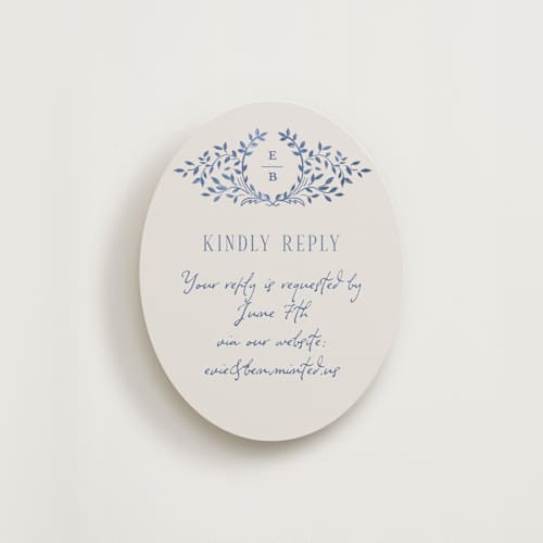 This is a navy rsvp cards with standard by Petra Kern called pavilion printing on signature in standard