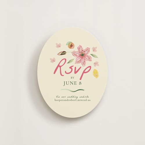 This is a blush rsvp cards with standard by Emily Miranda called romantic tropical wedding printing on signature in standard