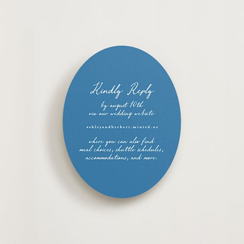 This is a cerulean rsvp cards with standard by Tamara Hilje called positano printing on signature in standard