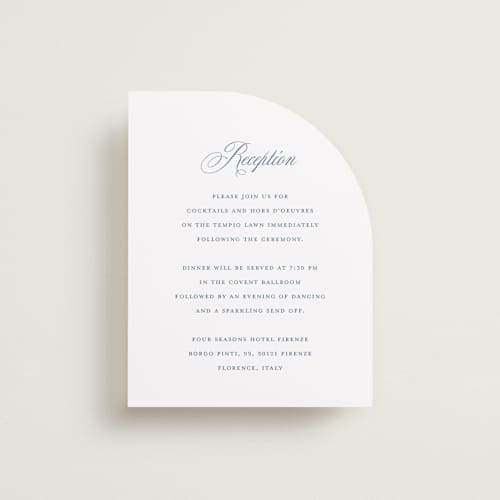 This is a dusty blue reception cards with standard by Jennifer Postorino called empire printing on signature in standard