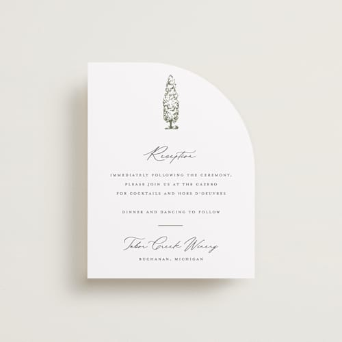 This is a olive reception cards with standard by Sarah Brown called vineyard printing on signature in standard