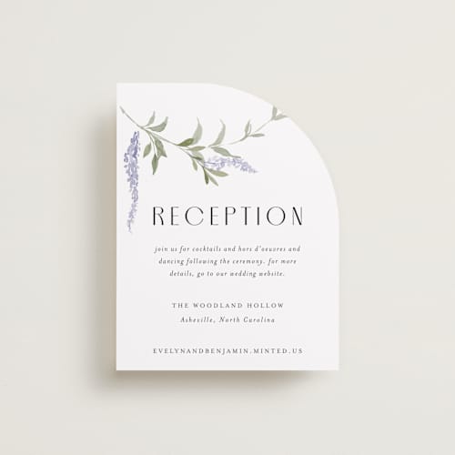 This is a lavender reception cards with standard by Design Lotus called enchanted evening printing on signature in standard