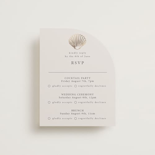 This is a sand rsvp cards with foil pressed by Hannah Bowman called simple seashell printing on signature in standard