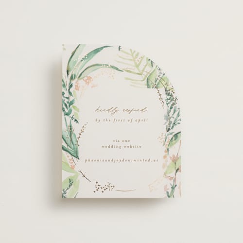 This is a greenery rsvp cards with foil pressed by Phrosné Barwood called fresh tropical printing on signature in standard