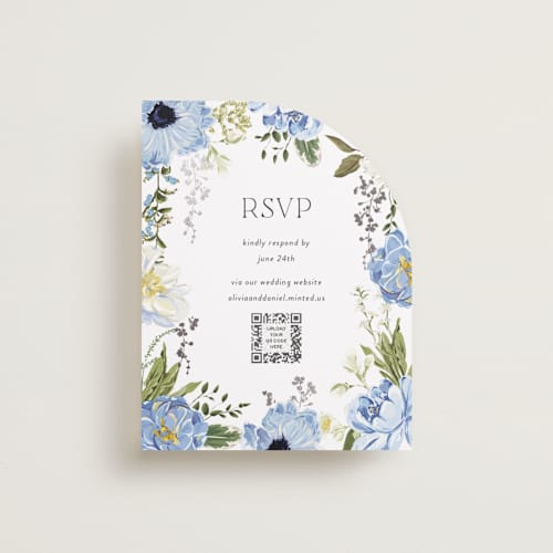 This is a azure rsvp cards with foil pressed by Susan Moyal called timeless blooms printing on signature in standard