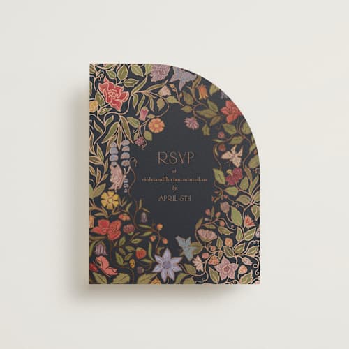 This is a navy rsvp cards with foil pressed by Simona Camp called radiant botany printing on signature in standard