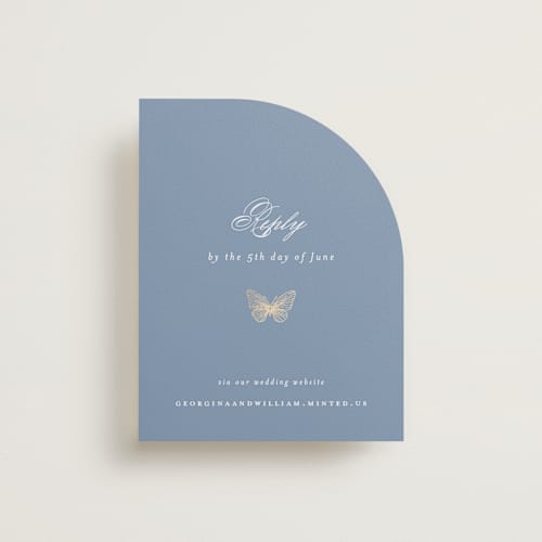 This is a cornflower rsvp cards with foil pressed by Grae called meet me in the garden printing on signature in standard