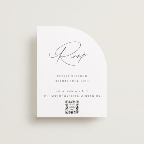 This is a pearl rsvp cards with standard by Hooray Creative called scripted names printing on signature in standard