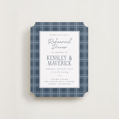 This is a denim reception cards with standard by Jenna Holcomb called aspen toile printing on signature in standard
