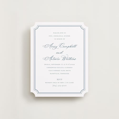 This is a dusty blue reception cards with standard by Jennifer Postorino called avery printing on signature in standard