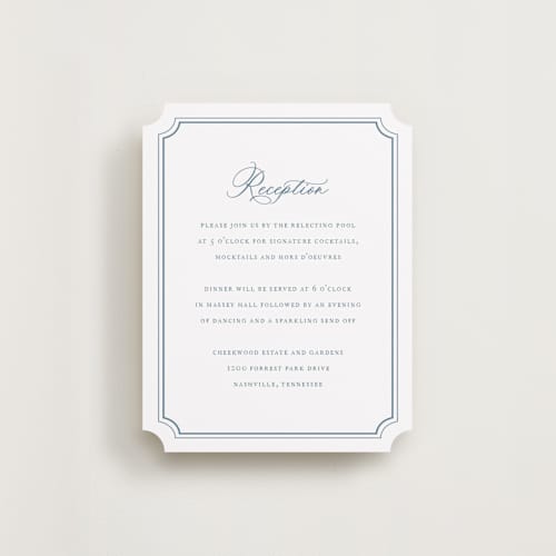 This is a dusty blue reception cards with standard by Jennifer Postorino called avery printing on signature in 4.25x5.5