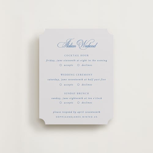 This is a blue mist rsvp cards with standard by Design Lotus called amalfi blue printing on signature in standard