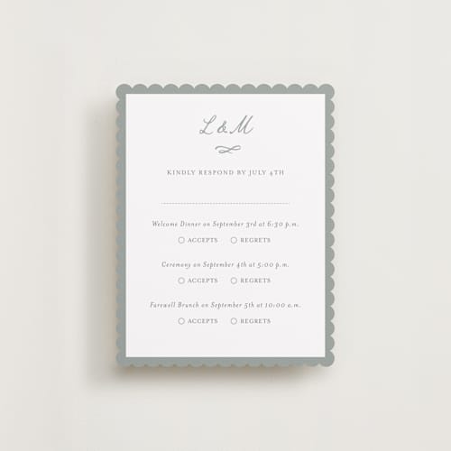 This is a sage rsvp cards with standard by Sara Hicks Malone called signature monogram printing on signature in standard