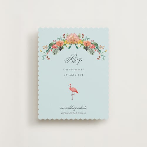 This is a papaya rsvp cards with standard by Susan Moyal called tropical crest printing on signature in standard