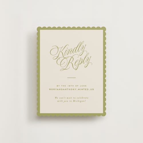 This is a olive rsvp cards with standard by Ellen Schlegelmilch called rory printing on signature in standard