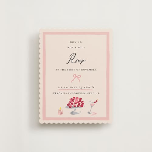 This is a cherry rsvp cards with standard by Sarah Rosenthal called velvet cherry printing on signature in standard
