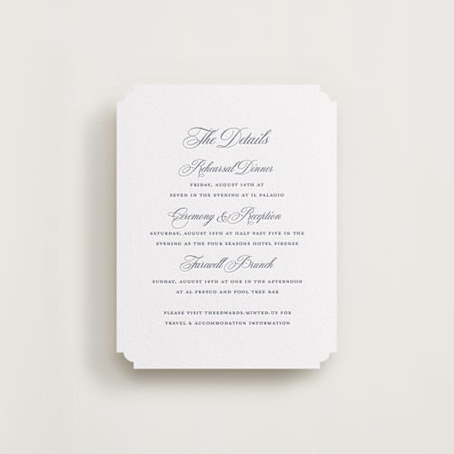 This is a blueberry letterpress wedding invitations with letterpress by Jennifer Postorino called empire printing on white cotton in standard