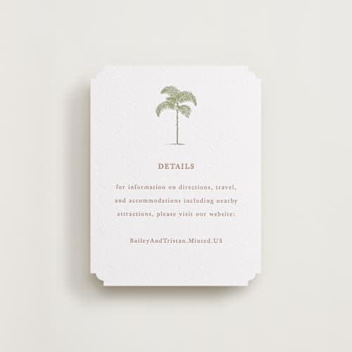 This is a olive | cinnamon letterpress wedding invitations with letterpress by Melinda Denison called palm printing on white cotton in standard
