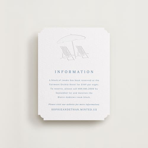 This is a marine blue letterpress wedding invitations with letterpress by Kaydi Bishop called palm tree printing on white cotton in standard