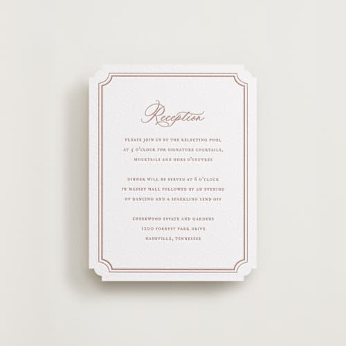 This is a cinnamon letterpress wedding invitations with letterpress by Jennifer Postorino called avery printing on white cotton in standard