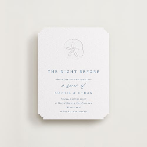 This is a marine blue enclosure cards with letterpress by Kaydi Bishop called palm tree printing on white cotton in standard