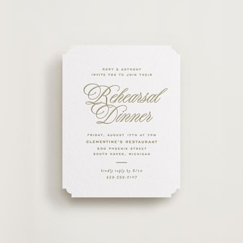 This is a olive enclosure cards with letterpress by Ellen Schlegelmilch called rory printing on white cotton in standard