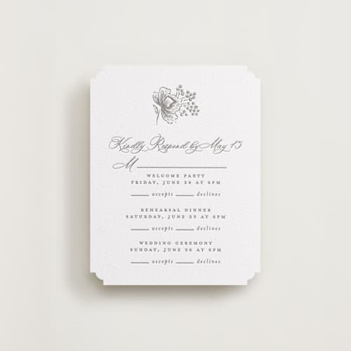 This is a graphite rsvp cards with letterpress by Chris Griffith called wedding press printing on white cotton in standard