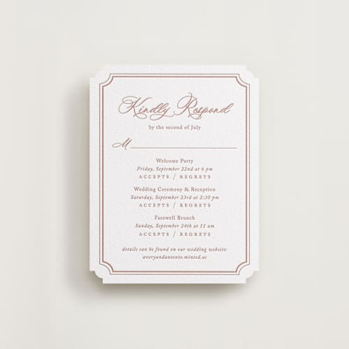 This is a cinnamon rsvp cards with letterpress by Jennifer Postorino called avery printing on white cotton in standard