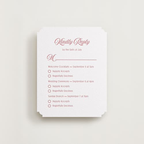 This is a maraschino rsvp cards with letterpress by Nicoletta Savod called ritzy printing on white cotton in standard