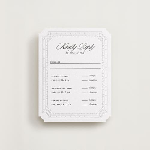 This is a soft black rsvp cards with letterpress by Pati Cascino called sirmione printing on white cotton in standard
