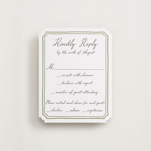 This is a artichoke rsvp cards with letterpress by Cass Loh called handwritten printing on white cotton in standard