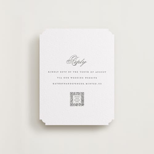 This is a soft black rsvp cards with letterpress by Olivia Raufman called classic composition printing on white cotton in standard