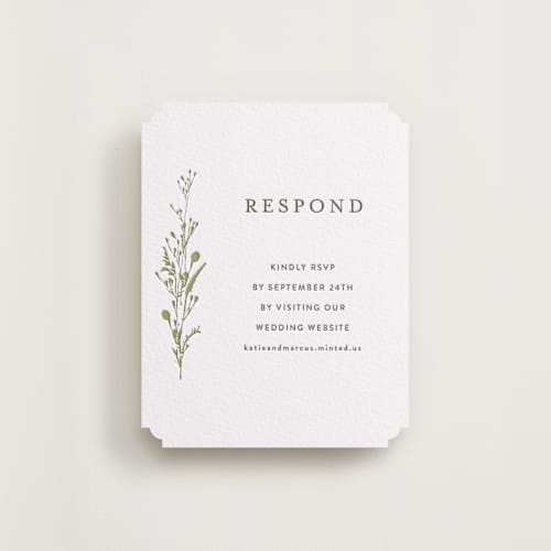 This is a olive rsvp cards with letterpress by Susan Moyal called gathered printing on white cotton in standard