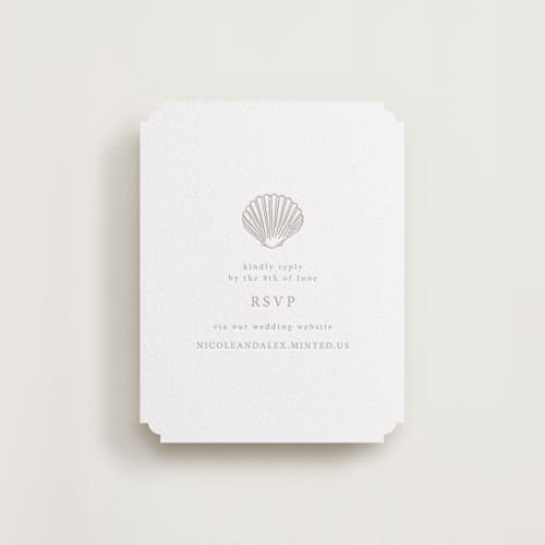 This is a dove grey rsvp cards with letterpress by Hannah Bowman called simple seashell printing on white cotton in standard