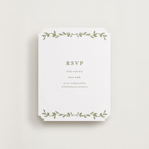 This is a olive rsvp cards with letterpress by Susan Moyal called greenery vine printing on white cotton in standard