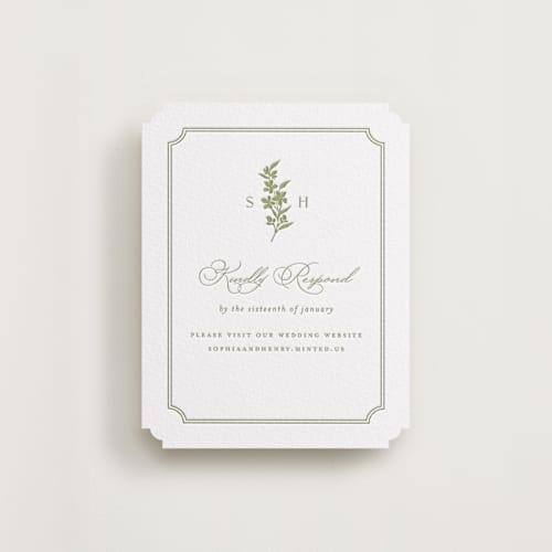 This is a olive rsvp cards with letterpress by Yaling Hou Suzuki called simply elegant printing on white cotton in standard