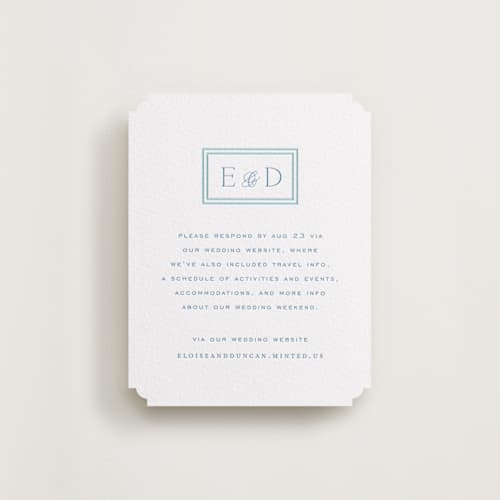 This is a marine blue rsvp cards with letterpress by chocomocacino called ricciarelli printing on white cotton in standard