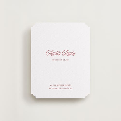 This is a maraschino rsvp cards with letterpress by Nicoletta Savod called ritzy printing on white cotton in standard