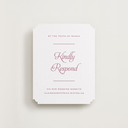 This is a maraschino rsvp cards with letterpress by Carolyn MacLaren called modernne printing on white cotton in standard